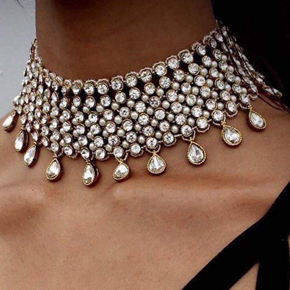 Multi Strand Boho Rocker Chic Crystal Choker Statement Necklace in Antique Gold